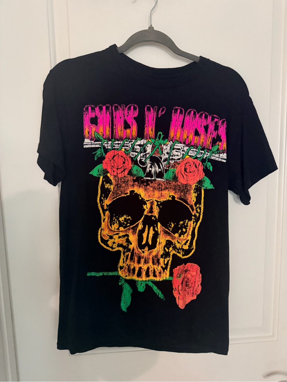 Men's Black Graphic Skull Tee with Neon Roses